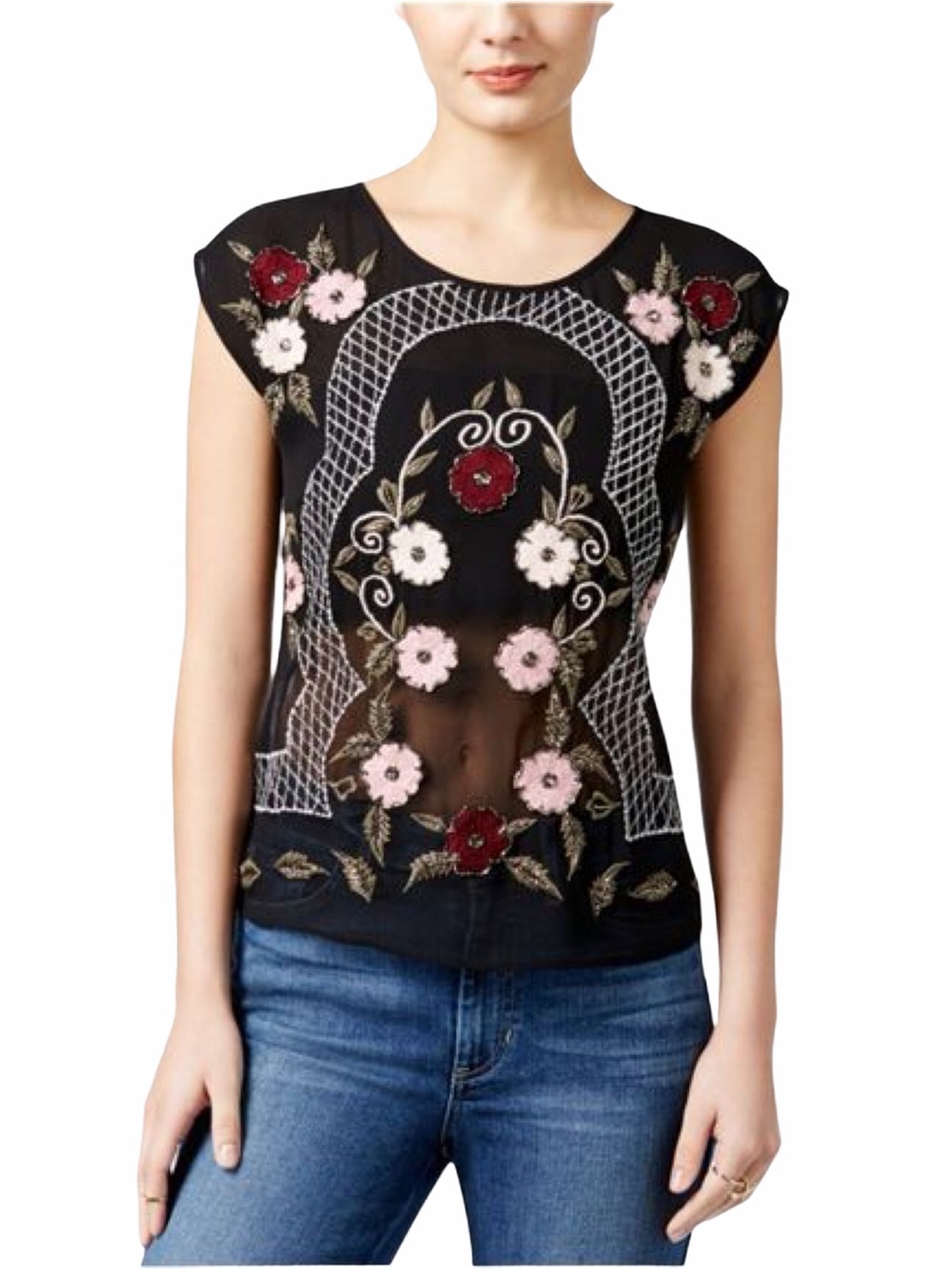 GUESS Black Floral Embroidered Sheer Sleeveless Top XS